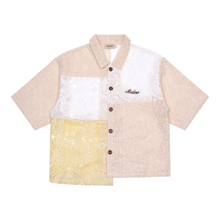 Cream Patchwork Short Sleeve Crochet Shirt